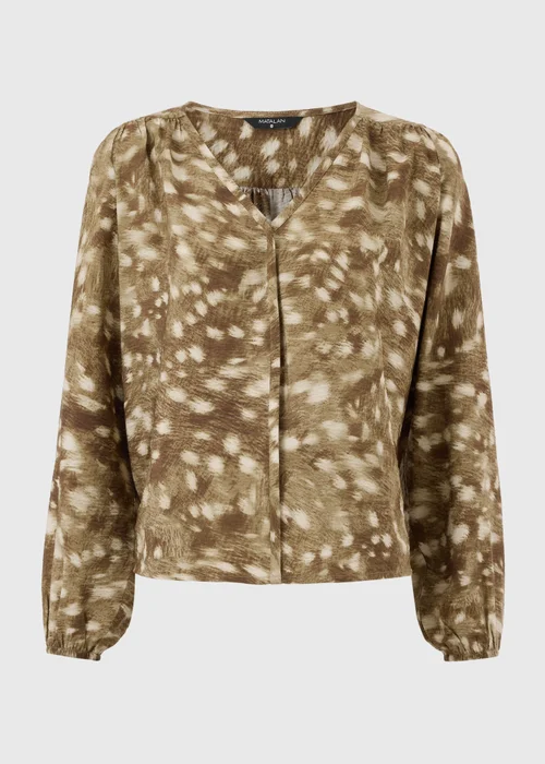 Khaki Deer Print Animal Popover Blouse - 8 Image 2