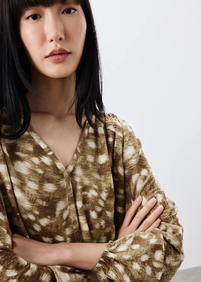Khaki Deer Print Animal Popover Blouse