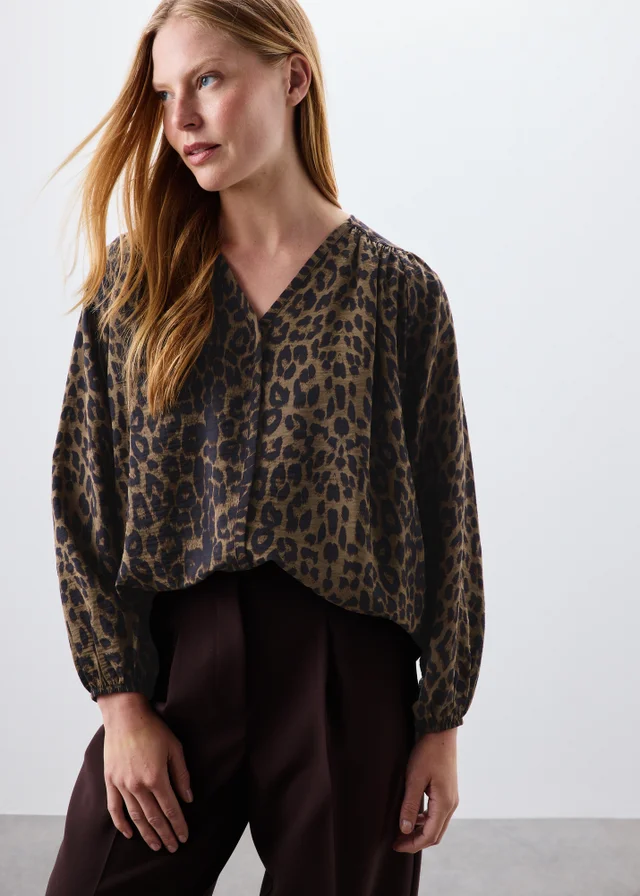 Brown Animal Print Popover Blouse