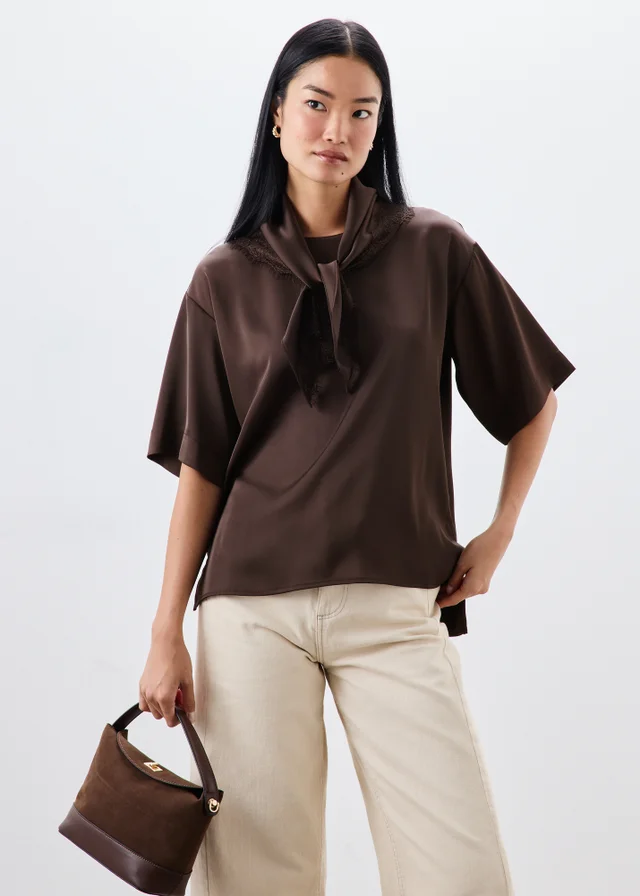 Chocolate Brown Satin Neck Detail T-Shirt