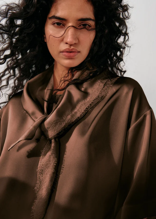 Chocolate Brown Satin Neck Detail T-Shirt
