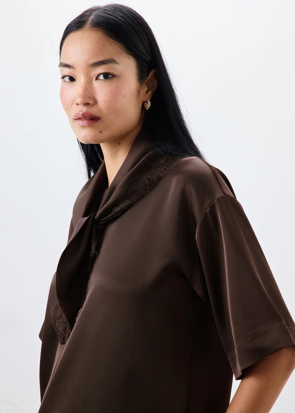 Chocolate Brown Satin Neck Detail T-Shirt - 8 Image 3