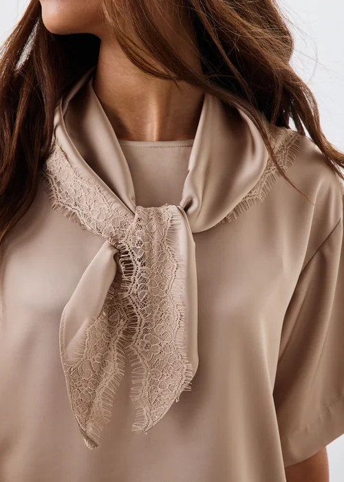 Mocha Satin Scarf Detail T-Shirt - 8 Image 3