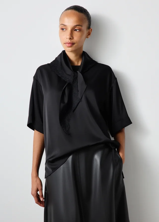 Black Satin Neck Detail T-Shirt
