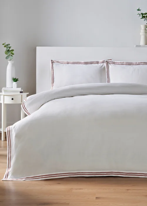 White Piped Red Border Bedding Set - Double Image 1
