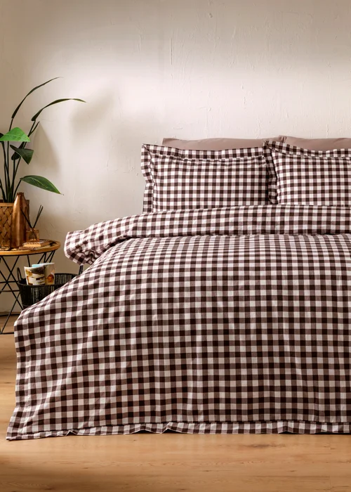 Chocolate Brown Oxford Edge Gingham Bedding Set - Double Image 1