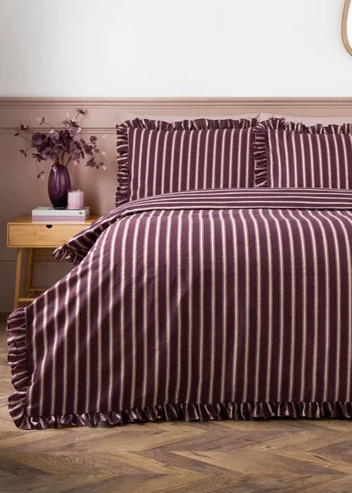 Burgundy & Pink Stripe Ruffle Duvet Set - Double Image 1