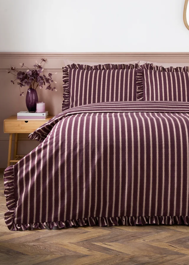 Burgundy & Pink Stripe Ruffle Duvet Set