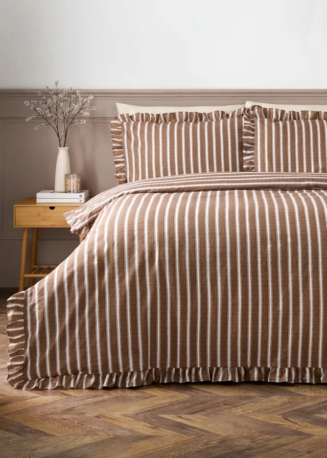Brown & Cream Stripe Ruffle Duvet Set