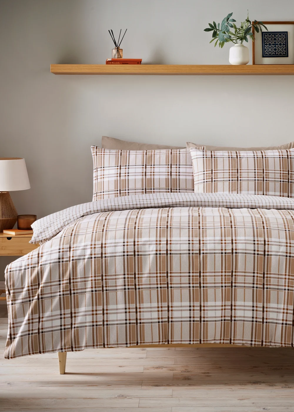 Brown Check Brushed Cotton Duvet Set - Double Image 1
