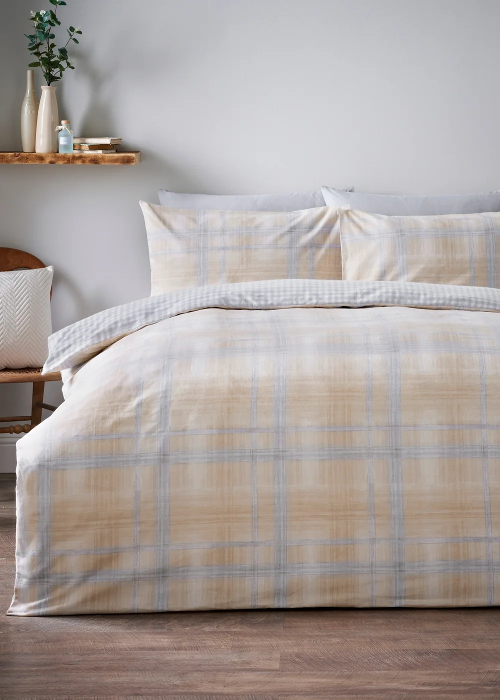 Blue Brushed Cotton Checked Duvet Set - Double Image 1
