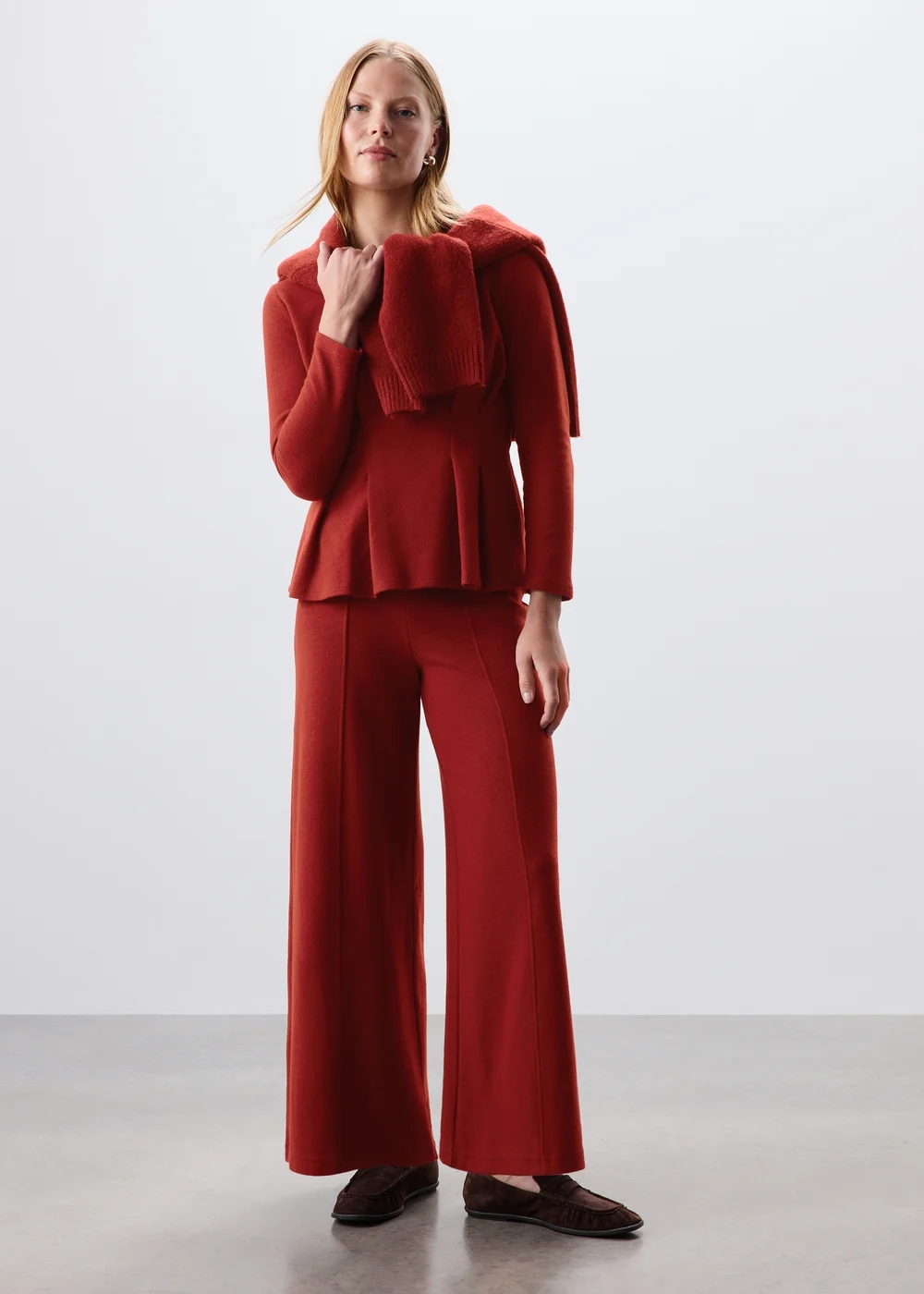 Burnt Red Soft Touch Wide Leg Co Ord Trousers - 14/L29 Image 4