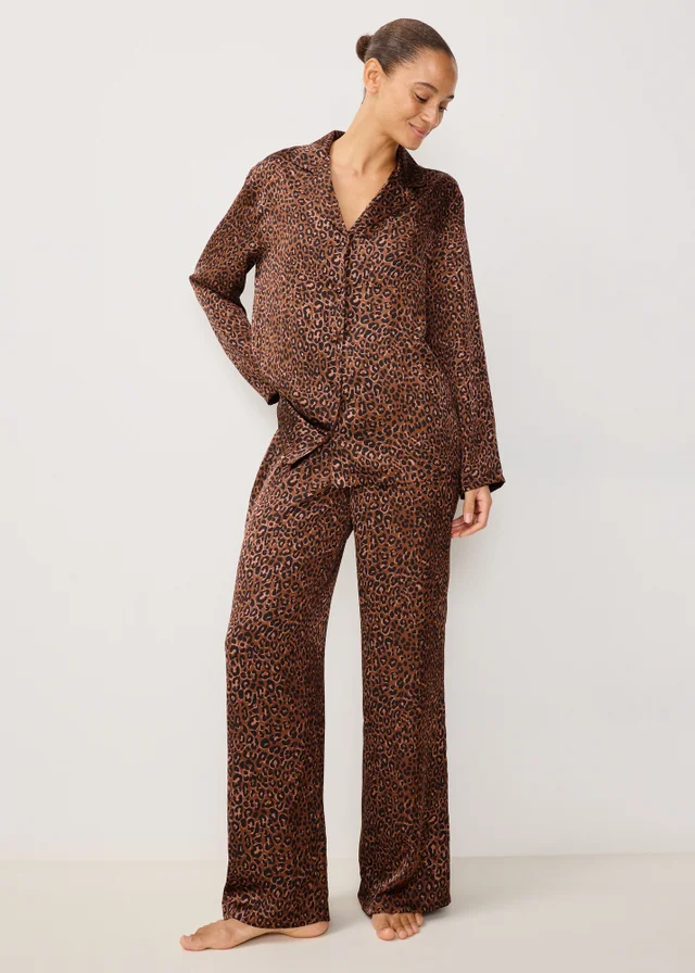 Brown Leopard Satin Pyjama Set