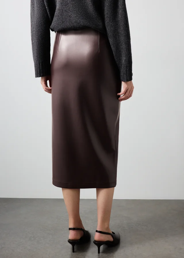 Chocolate Brown PU Pencil Midi Skirt