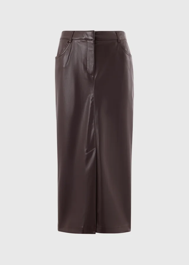 Chocolate Brown PU Pencil Midi Skirt