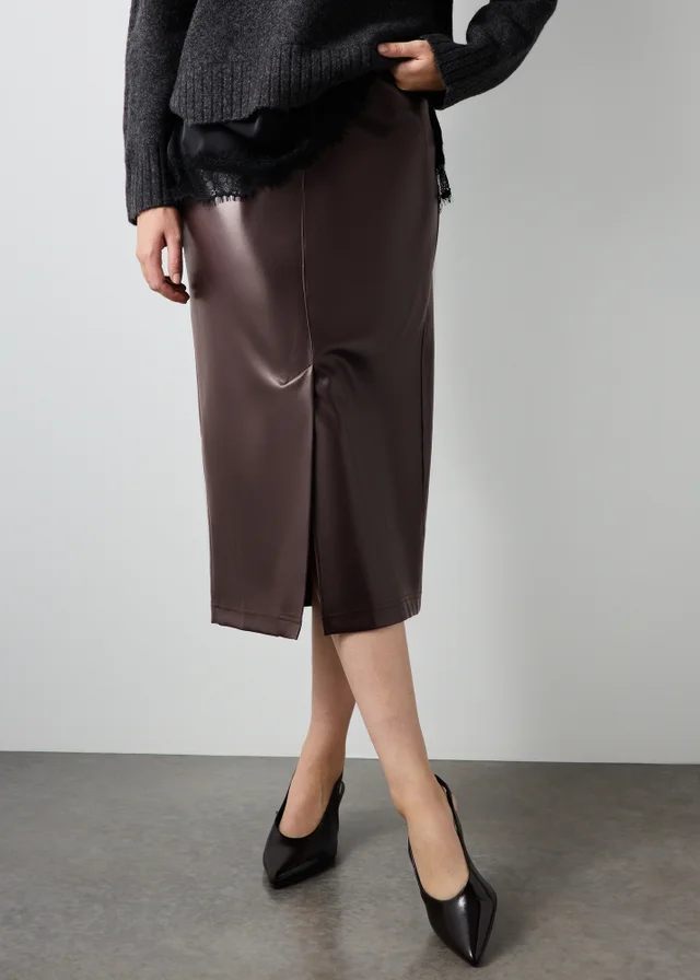 Chocolate Brown PU Pencil Midi Skirt