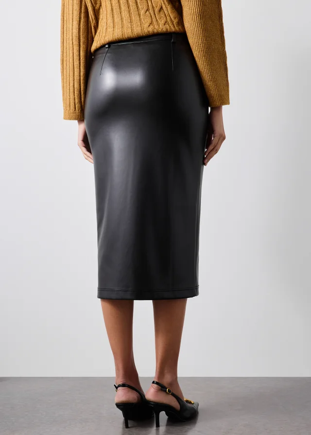 Black Faux Leather Midi Pencil Skirt