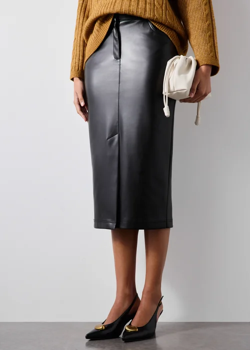 Black Faux Leather Midi Pencil Skirt - 8 Image 4