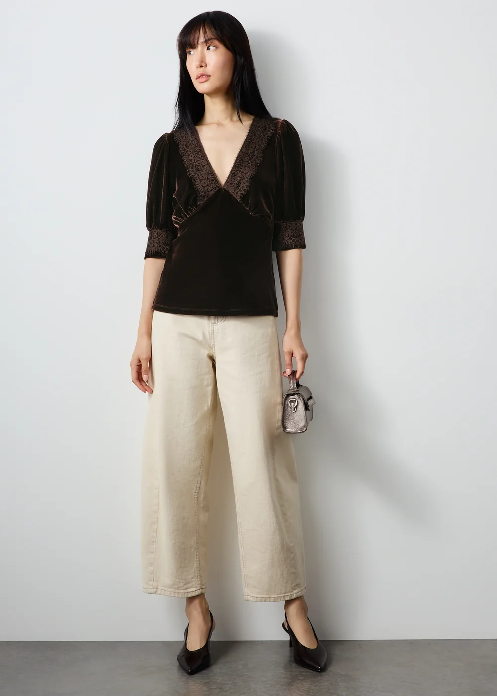 Brown Velvet Lace V-Neck Co Ord Top - 8 Image 4
