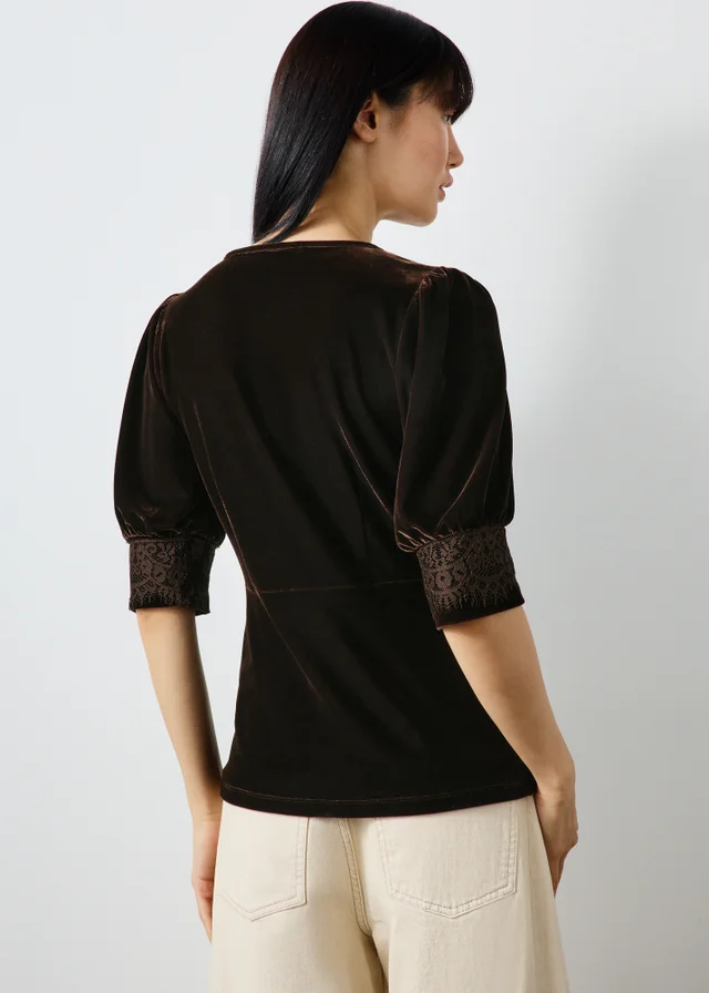 Brown Velvet Lace V-Neck Co Ord Top