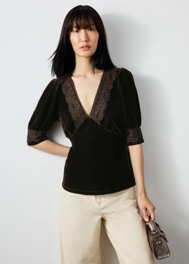 Brown Velvet Lace V-Neck Co Ord Top