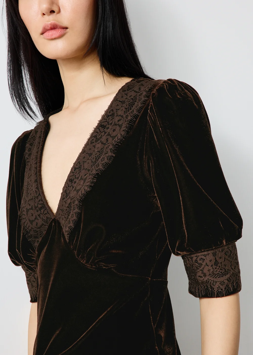 Brown Velvet Lace V-Neck Co Ord Top - 8 Image 3