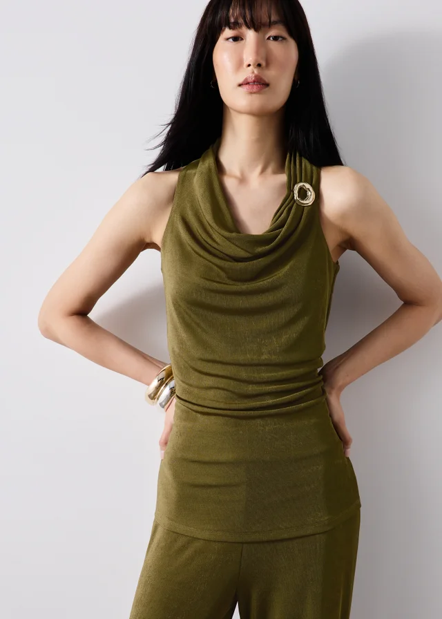 Olive Cowl Halter Neck Co Ord Top
