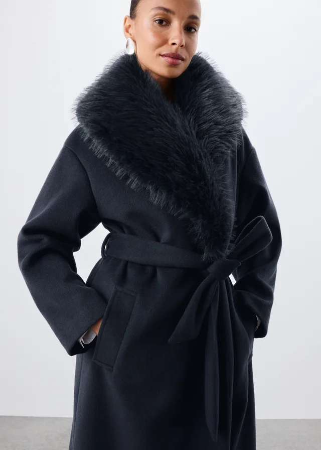 Navy Fur Collar Belted Smart Coat