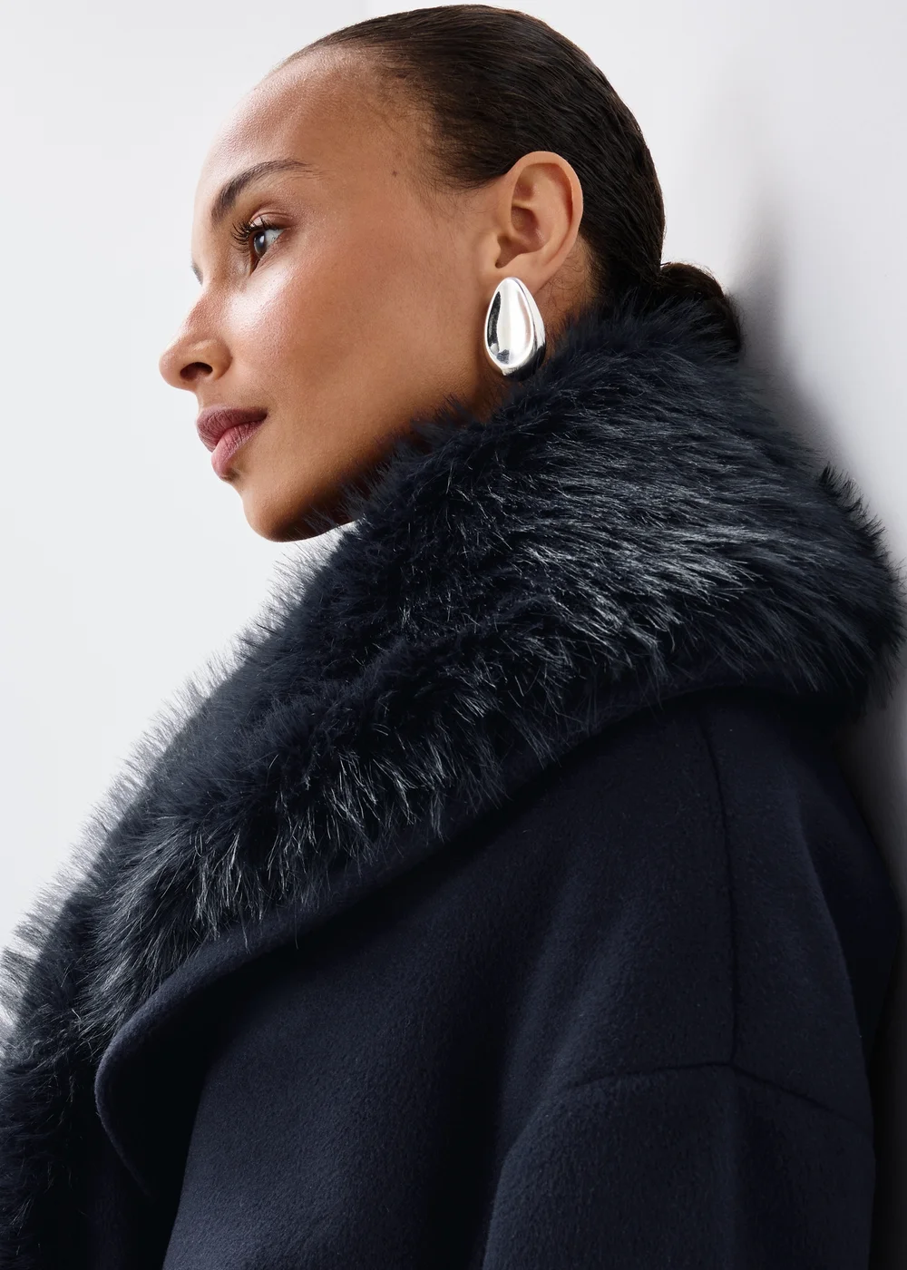 Navy Fur Collar Belted Smart Coat - S Image 4