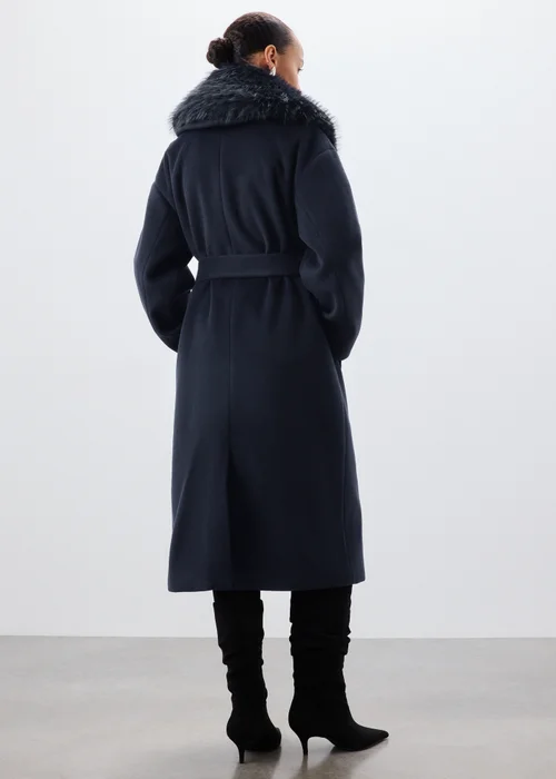Navy Fur Collar Belted Smart Coat - S Image 3