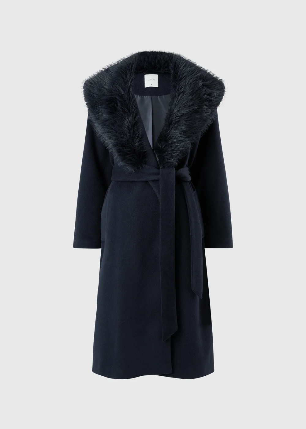Navy Fur Collar Belted Smart Coat - S Image 5