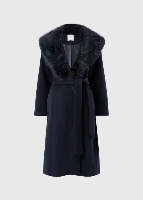 Navy Fur Collar Belted Smart Coat - S Image 5