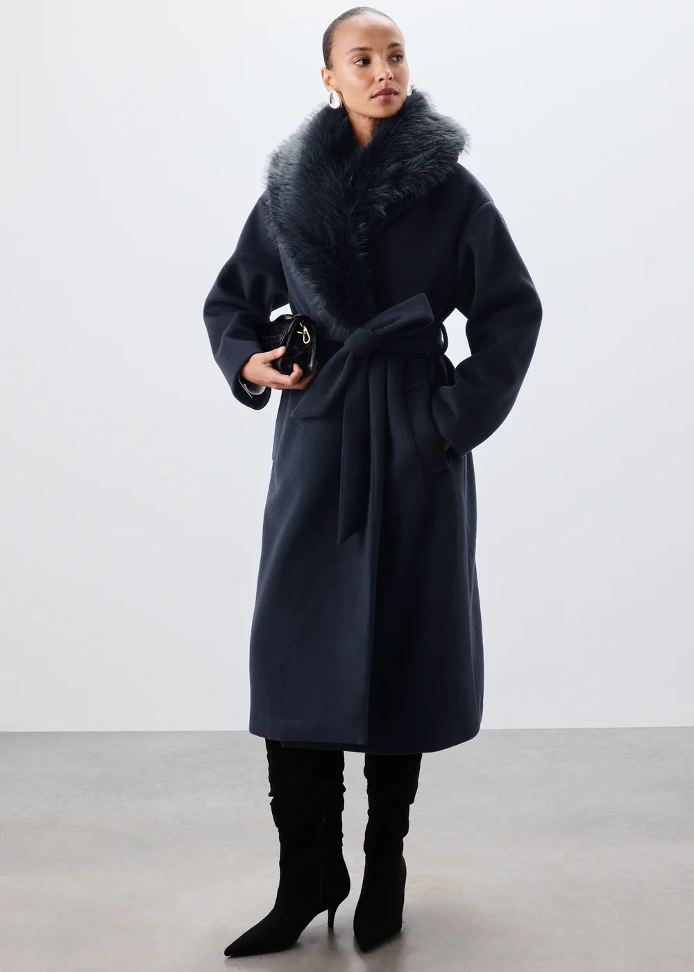 Navy Fur Collar Belted Smart Coat - S Image 1
