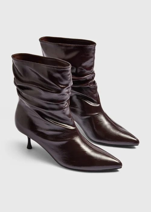 Burgundy Ruched Leather Heeled Boots - 3 Image 1