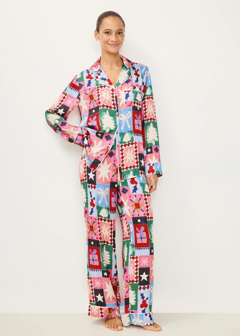 Multi Colour Patchwork Satin Christmas Pyjamas - 8 Image 1