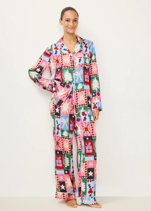 Multi Colour Patchwork Satin Christmas Pyjamas - 8 Image 1