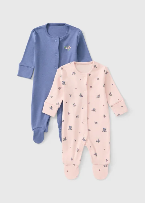 2 Pack Baby Pink Floral Sleepsuits (0-23mths) - First Size Image 1