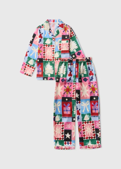 Girls Christmas Patchwork Satin Pyjama Set (4-13yrs) - 4 Yrs Image 1
