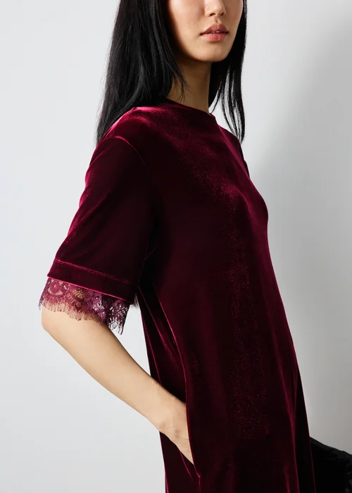 Wine Lace Trim Velvet Mini Dress - 8 Image 3
