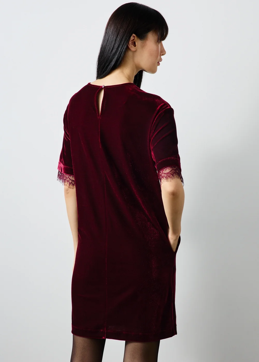 Wine Lace Trim Velvet Mini Dress - 8 Image 2