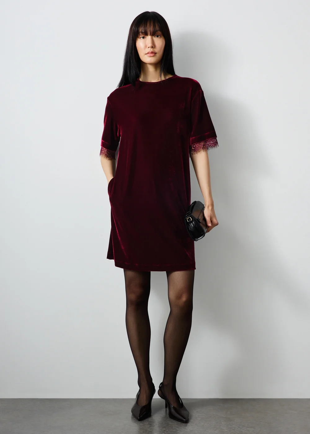 Wine Lace Trim Velvet Mini Dress - 8 Image 1