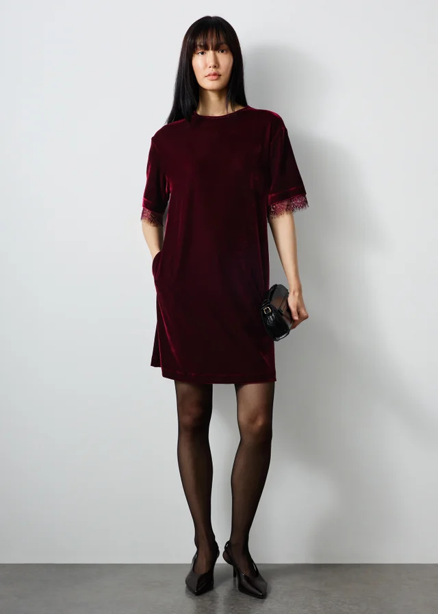 Wine Lace Trim Velvet Mini Dress