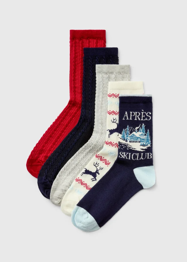 5 Pack Navy/Red Ski Resort Socks