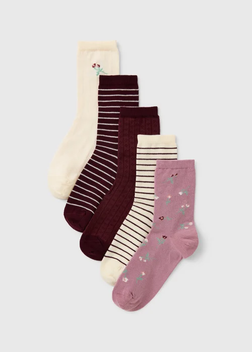 5 Pack Pink/Purple Ditsy Floral Ankle Socks - One Size Image 1