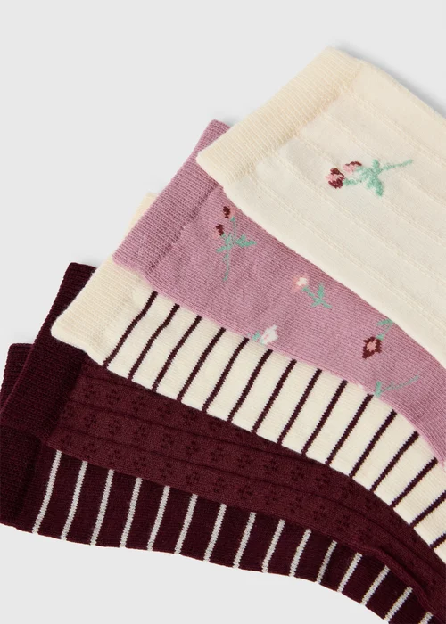 5 Pack Pink/Purple Ditsy Floral Ankle Socks - One Size Image 2