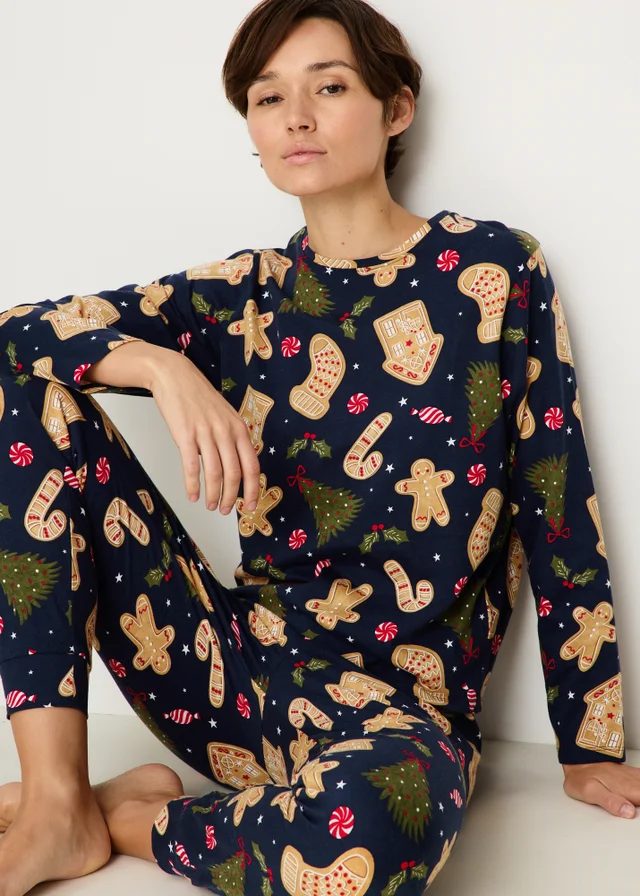 Navy Gingerbread Matching Family Christmas Pyjamas