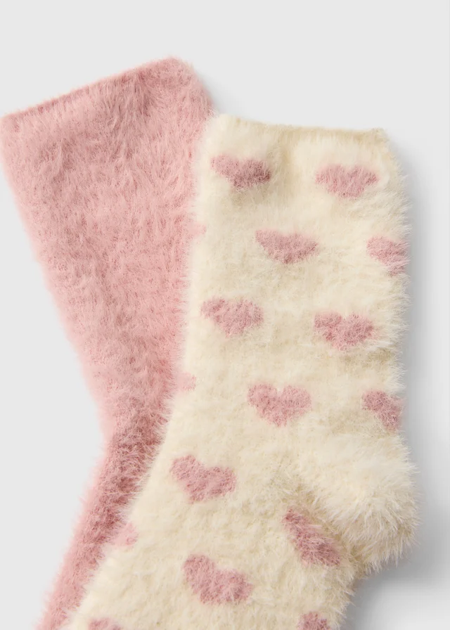 2 Pack Pink/Cream Heart Cosy Socks