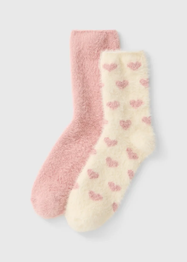 2 Pack Pink/Cream Heart Cosy Socks