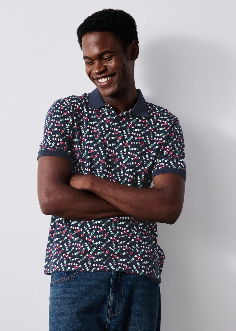 Navy Crackers Print Christmas Polo Shirt - S Image 1