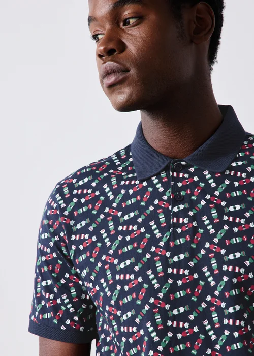 Navy Crackers Print Christmas Polo Shirt - S Image 3